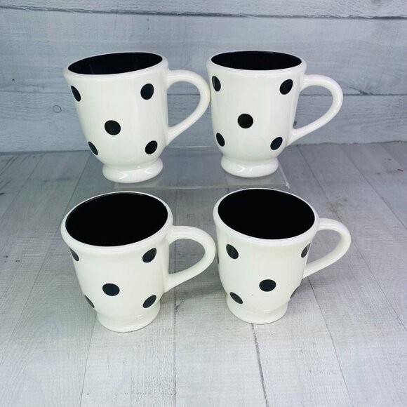 Coastline Imports White Black Polka Dots Earthenware Footed 15oz Cups Mugs Set 4 - Picture 3 of 16